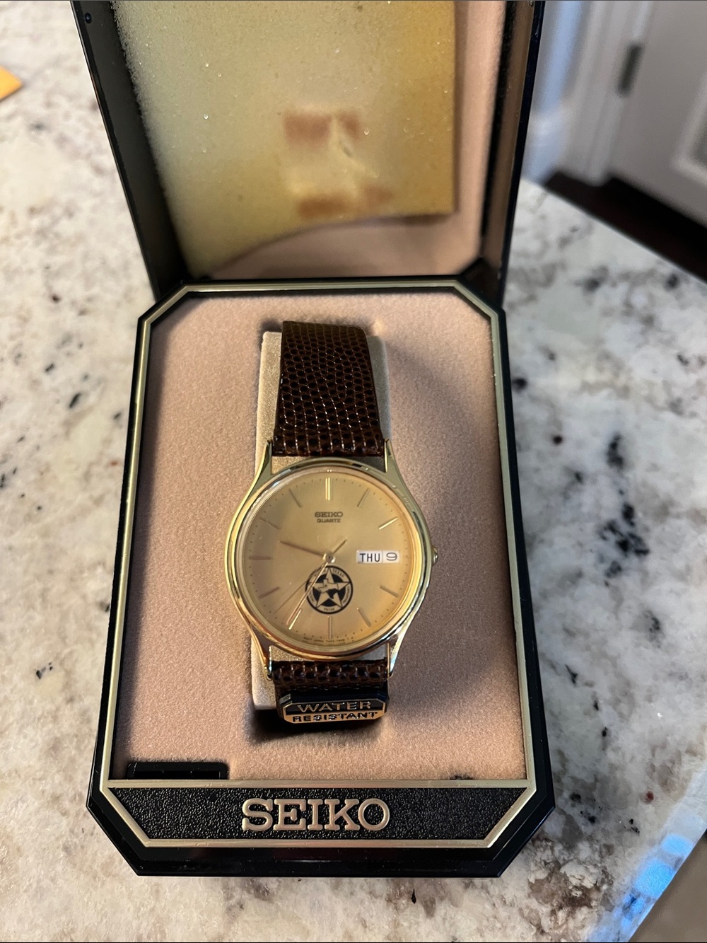 Seiko Gold Dial Watch with Brown Leather Strap